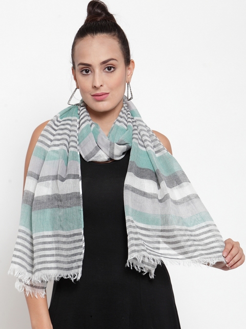 

J Style Women White & Sea Green Striped Stole