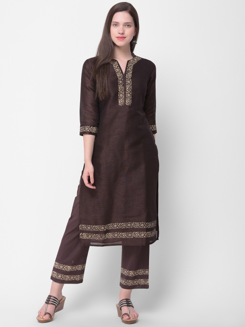 

Sheryl Women Brown Handblock Printed Dupion Silk Kurta with Palazzos