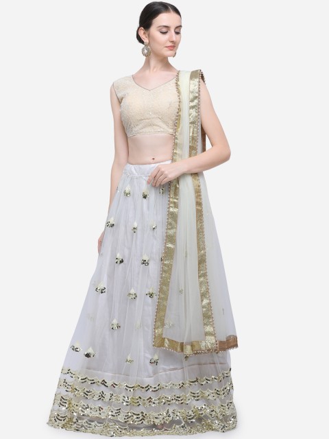 

Aasvaa White & Golden Embroidered Semi-Stitched Lehenga & Unstitched Blouse with Dupatta