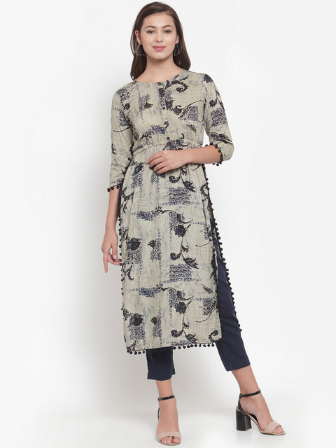 

Indibelle Women Blue & Beige Floral Print Straight Kurta
