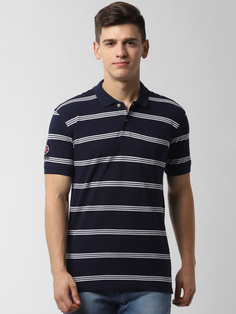 

Peter England Casuals Men Navy Blue Striped Polo Collar T-shirt