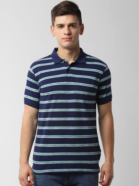 

Peter England Casuals Men Navy Blue Striped Polo Collar T-shirt