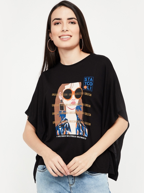

Smiley World Women Black Printed Round Neck T-shirt