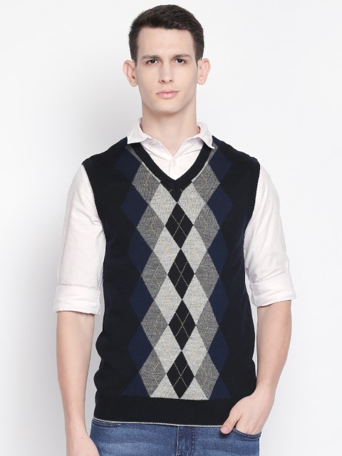 

BYFORD by Pantaloons Men Navy Blue & Grey Self Design Sweater