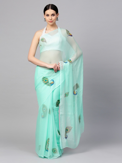

Mitera Sea Green Pure Chiffon Geroo Hand Painted Saree