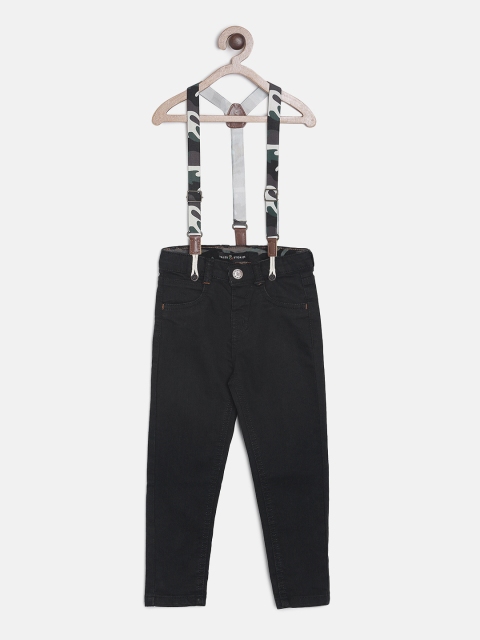 TALES & STORIES Boys Black Slim Fit Mid-Rise Clean Look Jeans With Suspenders