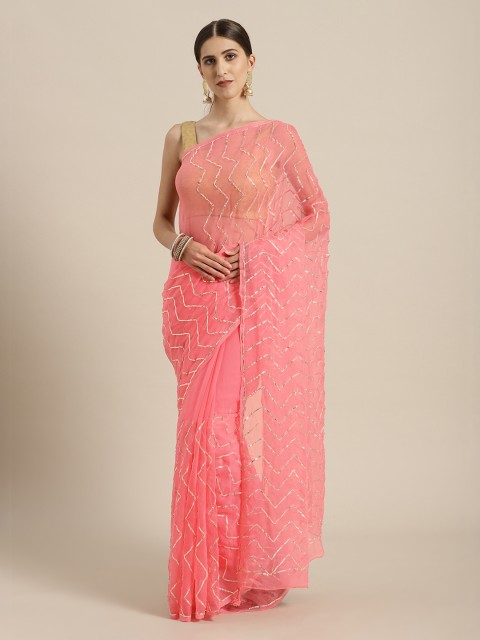 

Geroo Jaipur Pink Embroidered Poly Chiffon Saree