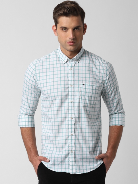 

Peter England Casuals Men White & Turquoise Blue Slim Fit Checked Casual Shirt