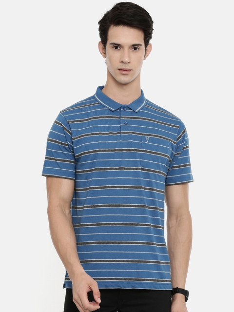 

Classic Polo Men Blue & Grey Striped Polo Collar Slim Fit T-shirt