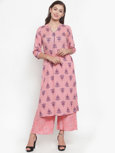 

Indibelle Women Peach-Coloured & Blue Block Printed Kurta with Palazzos