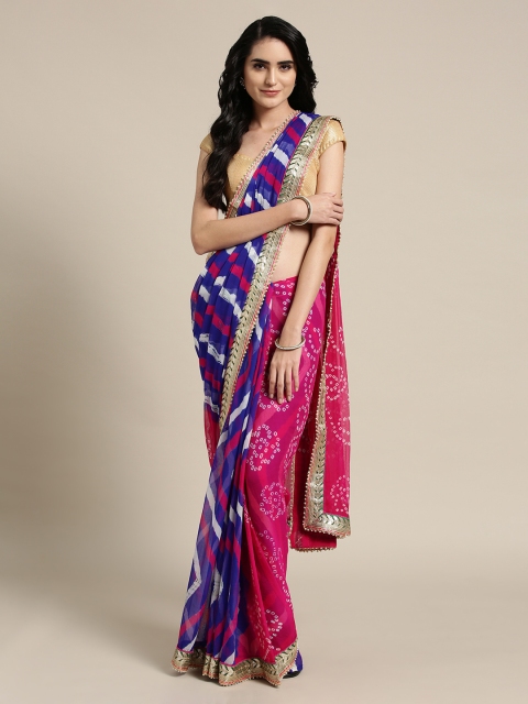 

Mitera Pink & Blue Poly Chiffon Printed Leheriya Saree