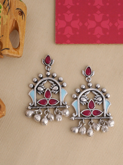 

Studio Voylla Silver-Toned & Red Oxidised Classic Drop Earrings