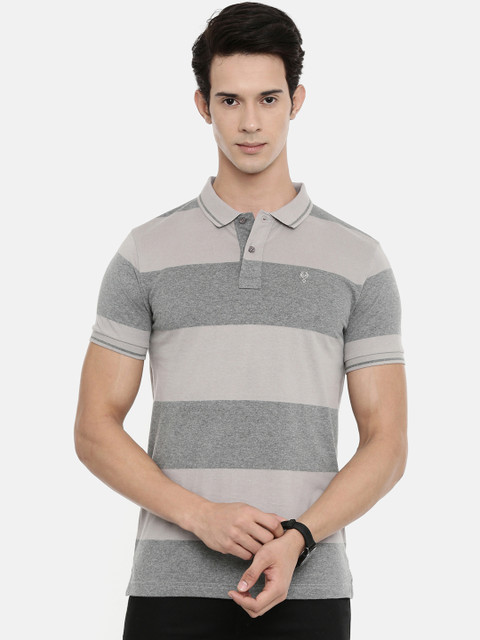 

Classic Polo Men Grey Striped Polo Collar Slim Fit T-shirt
