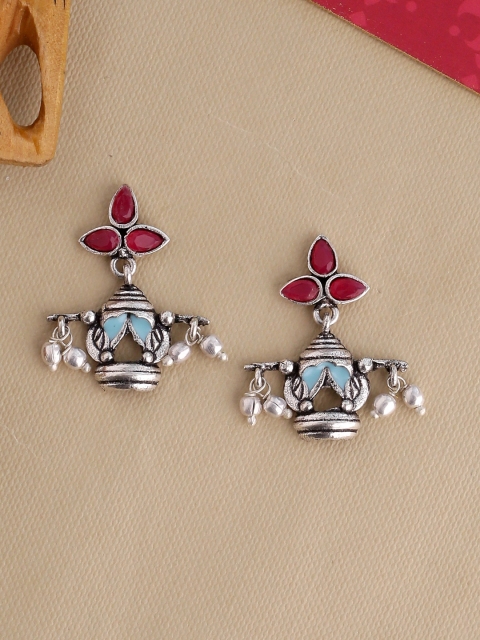 

Studio Voylla Silver-Toned & Red Oxidised Contemporary Drop Earrings