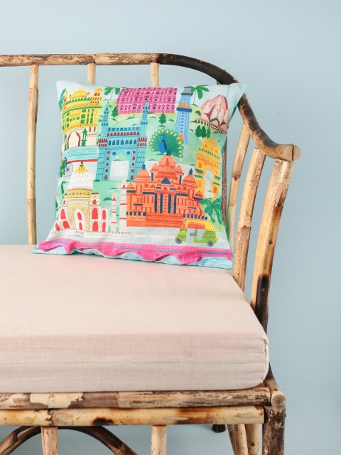 

Chumbak Turquoise Blue & Orange Abstract Square Cushion Cover