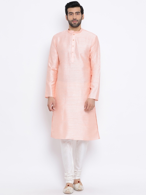 

NAMASKAR Men Peach-Coloured Solid Dupion Silk Straight Kurta