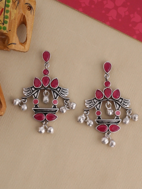 

Studio Voylla Silver-Toned & Red Contemporary Drop Earrings