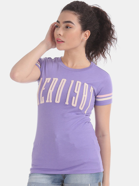 

Aeropostale Women Lavender Applique Round Neck T-shirt