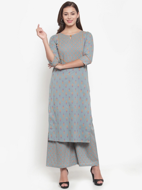 

Indibelle Women Grey & Orange Ikat Printed Kurta with Palazzos