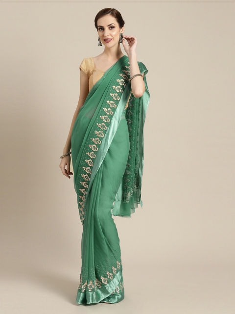 

Mitera Green Hand Embroidered Pure Chiffon Saree, Sea green