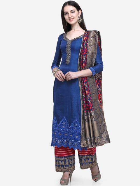 

Stylee LIFESTYLE Navy Blue & Red Satin Semi-Stitched Dress Material