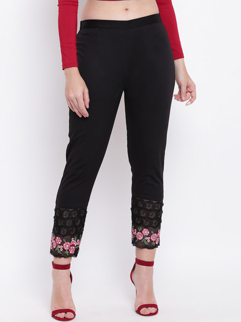 

RIVI Women Black Regular Fit Embroidered Cigarette Trousers
