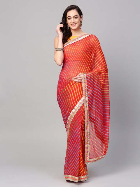 

Mitera Red & Yellow Poly Georgette Dyed Leheriya Saree With Gotta Patti Border