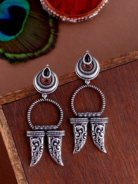 

Studio Voylla Silver-Toned & Black Oxidised Contemporary Drop Earrings
