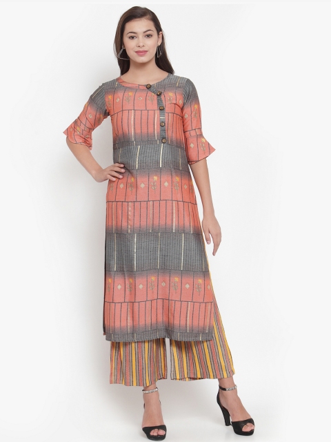

Indibelle Women Peach-Coloured & Grey Printed Kurta with Palazzos