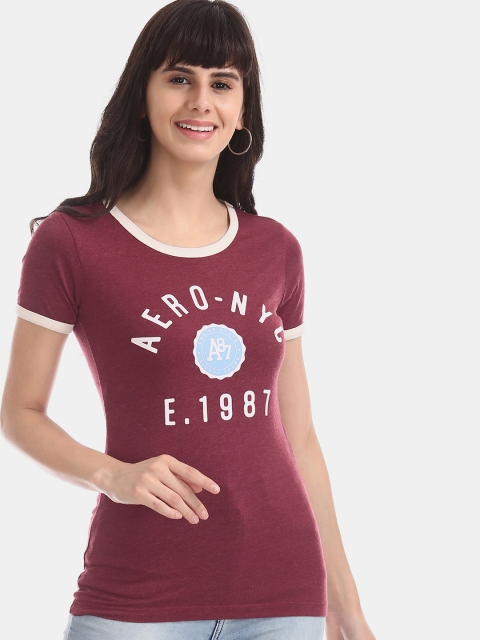 

Aeropostale Women Red White Printed Round Neck Pure Cotton T-shirt