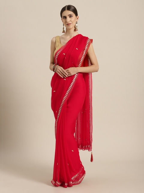 

Mitera Red Hand Embellished Chiffon Sustainable Saree