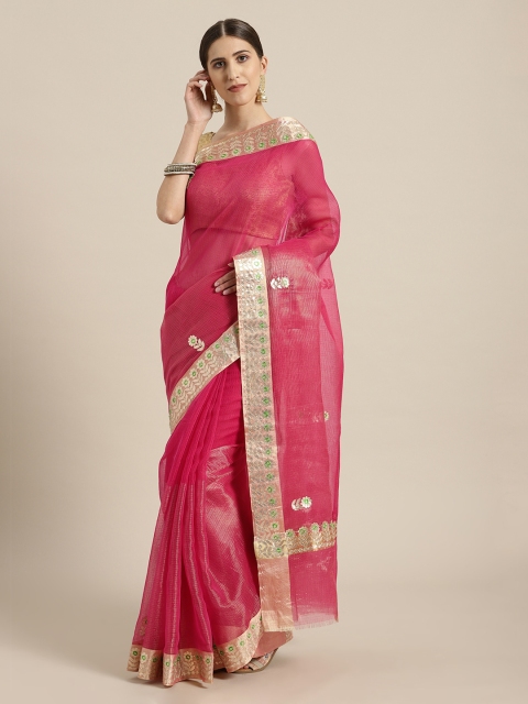 

Mitera Red Embellished Kota Silk Saree with Gota Patti Border, Pink