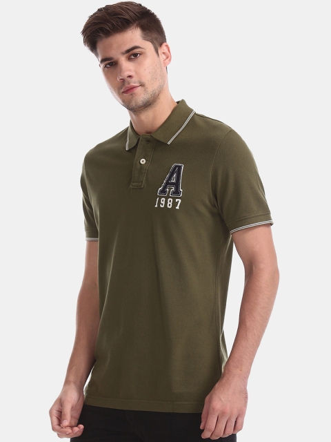 

Aeropostale Men Olive Green Printed Polo Collar T-shirt