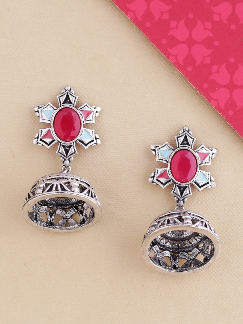 

Studio Voylla Silver-Toned & Red Oxidised Dome Shaped Jhumkas