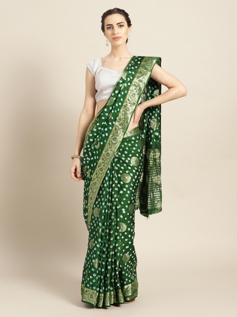 

Geroo Jaipur Green & White Art Silk Printed Bandhani Saree