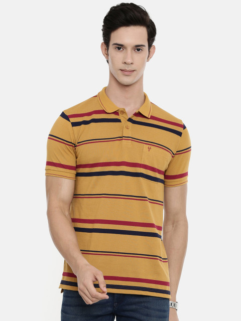 

Classic Polo Men Mustard Yellow & Black Striped Polo Collar Slim Fit T-shirt
