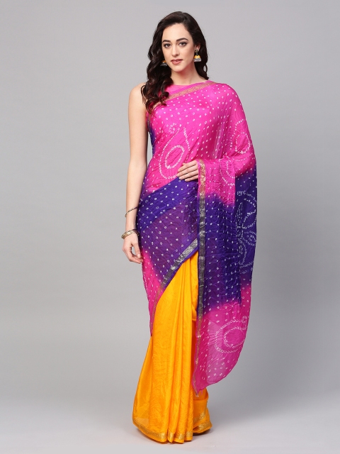 

Mitera Purple & Pink Art Silk Dyed Lightweight Half & Half Bandhani Saree