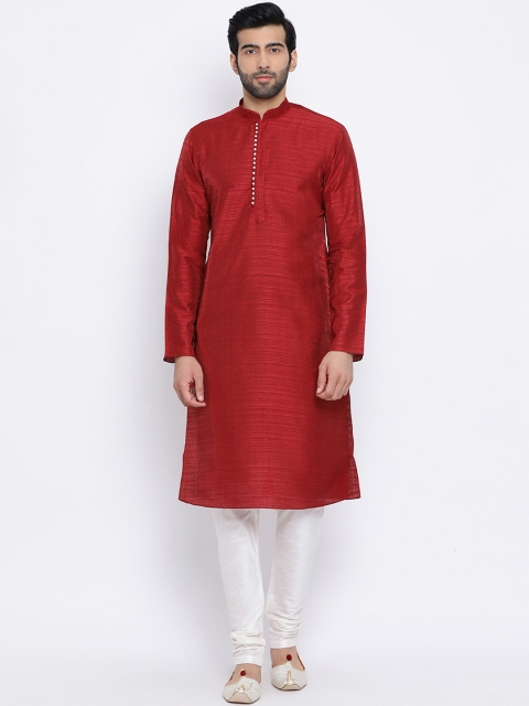 

NAMASKAR Men Maroon Solid Silk Straight Kurta