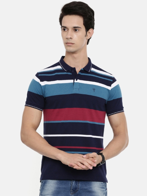 

Classic Polo Men Navy Blue Striped Polo Collar Slim Fit T-shirt