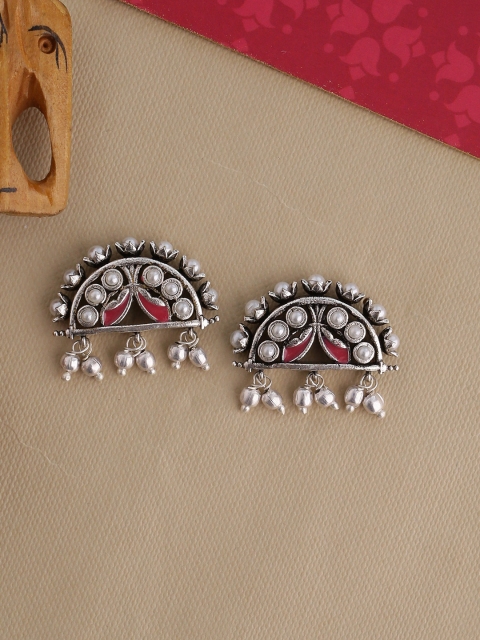 

Studio Voylla Silver-Toned & Red Oxidised Geometric Drop Earrings