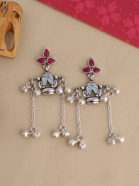 

Studio Voylla Silver-Toned & Red Oxidised Classic Drop Earrings