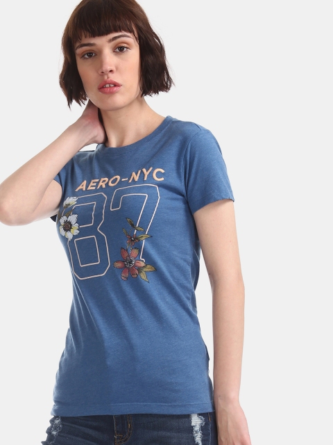 Aeropostale Women Blue Printed Round Neck T-shirt