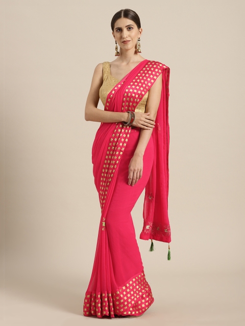 

Mitera Pink Hand Embellished Georgette Sustainable Saree
