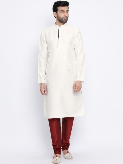 

NAMASKAR Men Cream-Coloured Solid Silk Straight Kurta