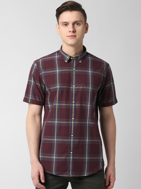 

Peter England Casuals Men Maroon & Beige Slim Fit Checked Casual Shirt