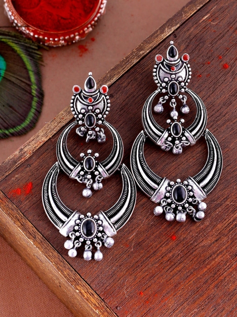 

Studio Voylla Silver-Toned & Black Oxidised Geometric Drop Earrings