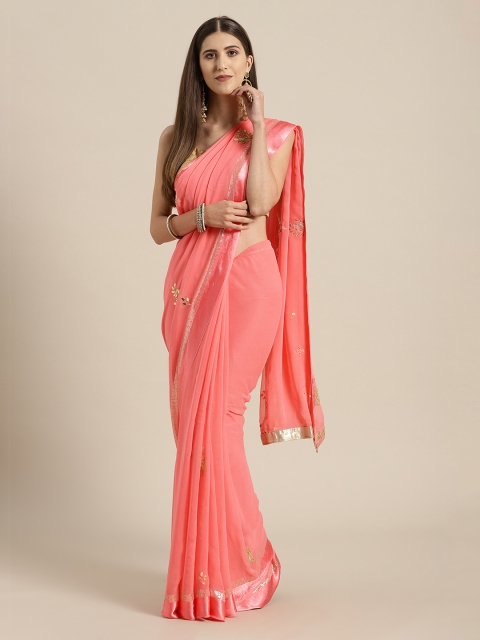 

Mitera Peach-Coloured Embroidered Poly Chiffon Saree