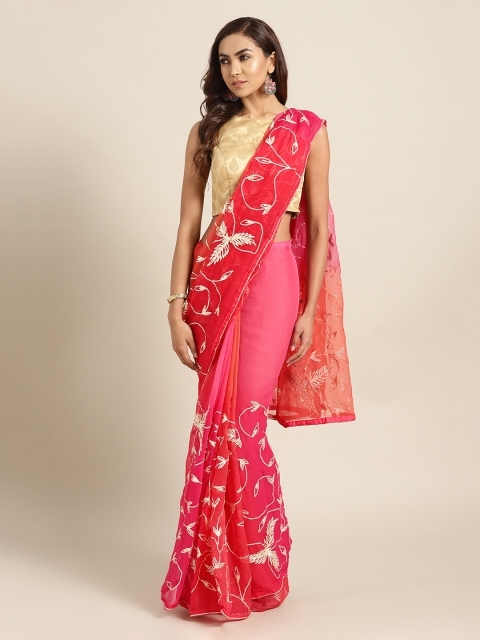 

Mitera Handcrafted Pink Gota Patti Chiffon Sustainable Saree
