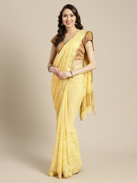 

Mitera Yellow Hand Embroidered Pure Chiffon Saree