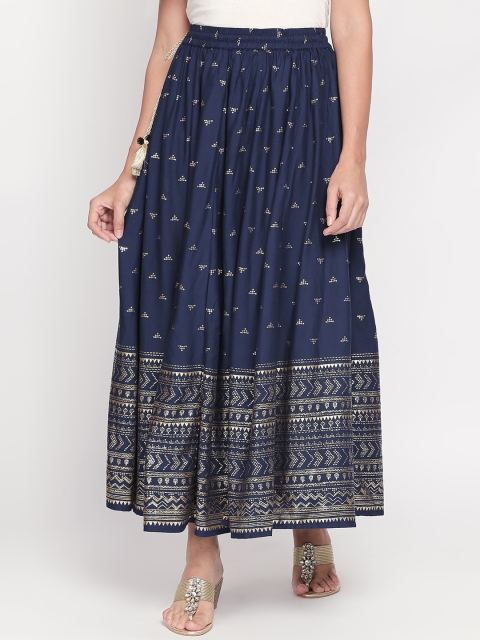 

AKKRITI Women Navy Blue & Gold-Tone Printed Flared Maxi Skirt